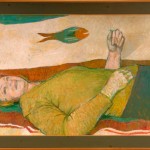 17. Barbara on sofa with 'fish blanket' (c.1981 Oil on board 99 x 136cm)